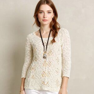 Anthro Knitted and Knotted Women's Crochet Sweater Tunic Ivory Top Size Small